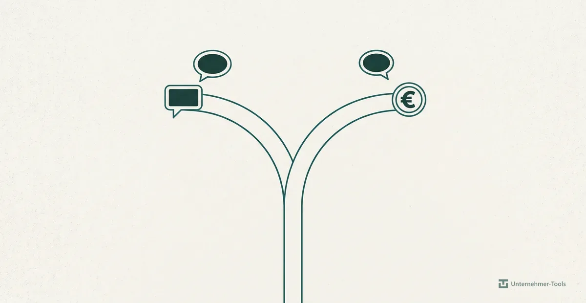 Illustration eines Wegs, der sich in zwei Pfade teilt, einen zu einer Sprechblase, einen zu einem Euro-Symbol