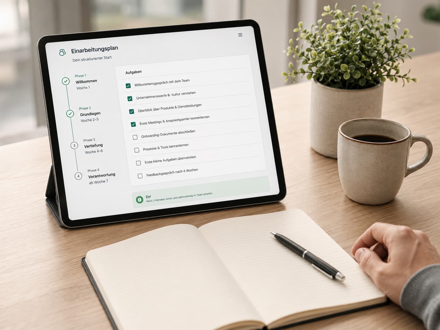Onboarding-Workbook auf einem Tablet: Phasen-Zeitleiste und Aufgaben-Checkliste