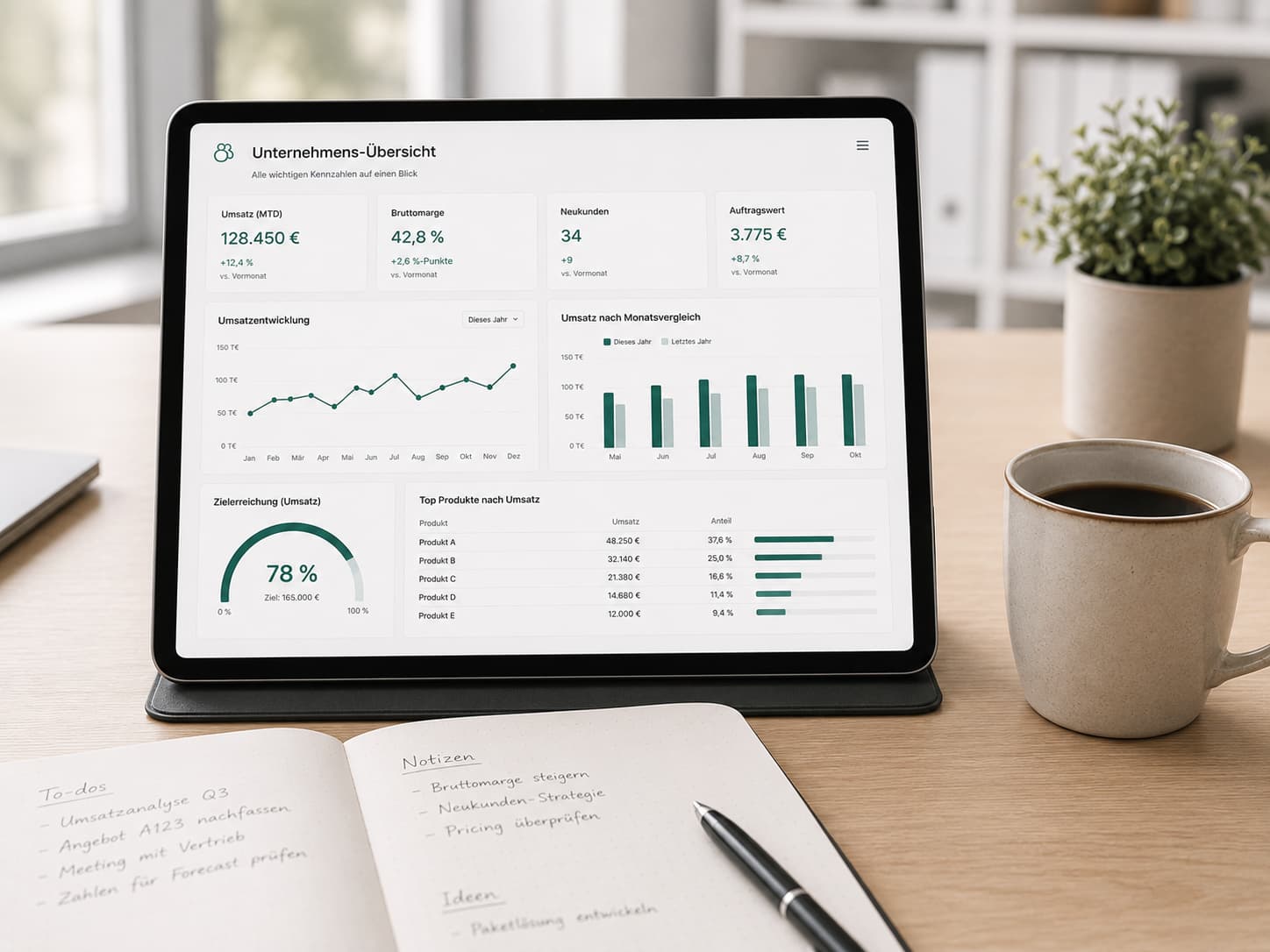 Kennzahlen-Dashboard auf einem Tablet: Kennzahl-Kacheln, Diagramme und Zielerreichung