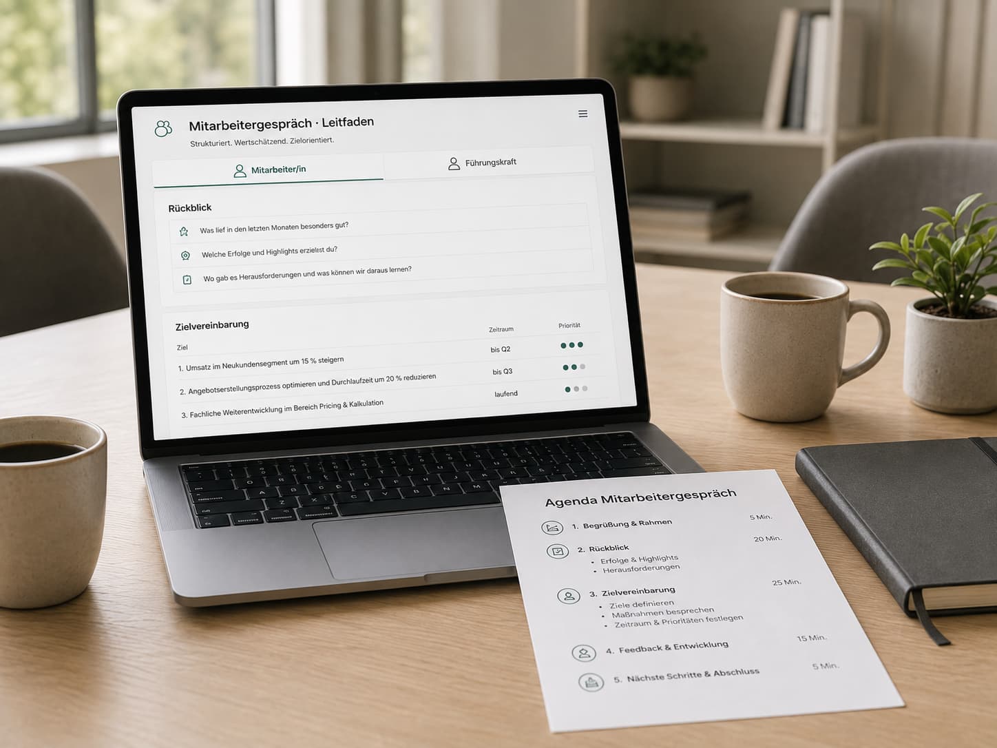 Mitarbeitergespräch-Leitfaden auf einem Laptop: Vorbereitungsbogen und Zielvereinbarung