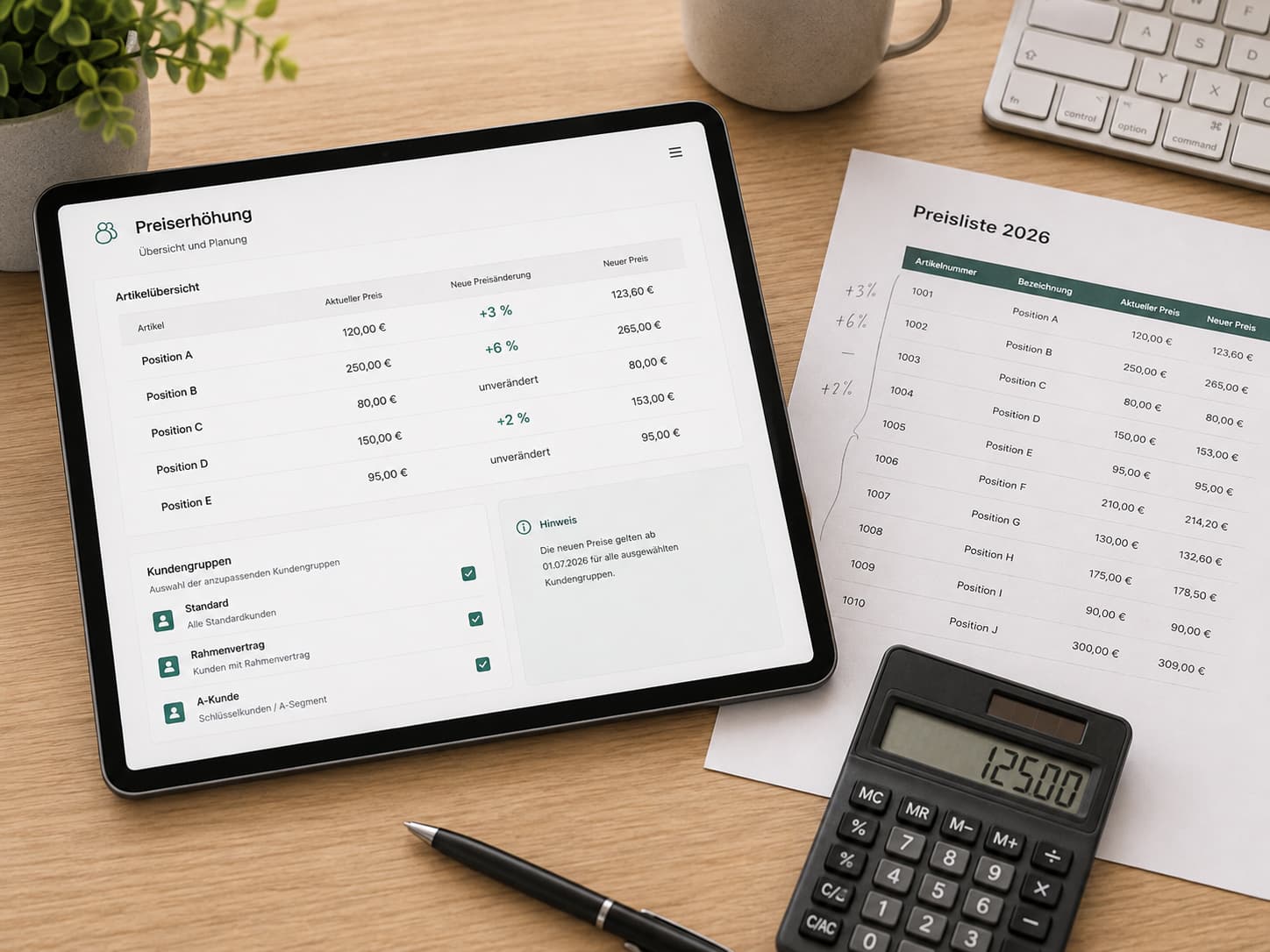 Preiserhöhungsplan auf einem Tablet: Artikel-Matrix mit Erhöhungssätzen und Kundengruppen