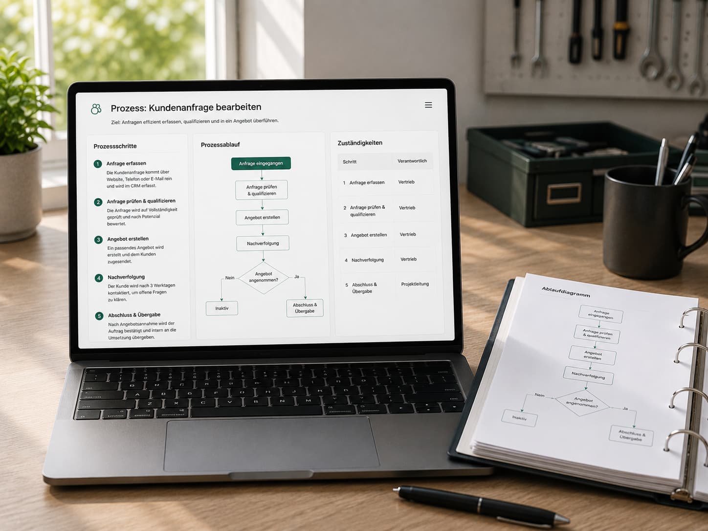 Prozess-Handbuch auf einem Laptop: Schritte, Ablaufdiagramm und Zustaendigkeiten